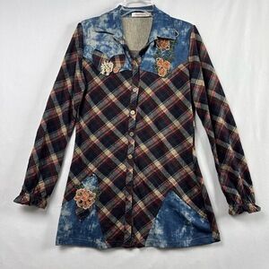 Simply Couture Tunic Top Womens XL Plaid flannel Denim Embroidered Artsy Boho